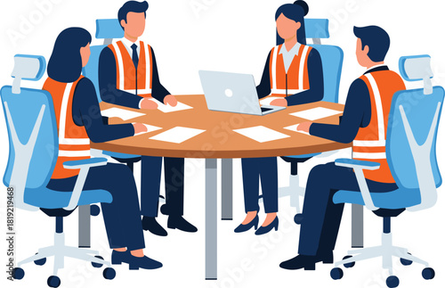 Business team meeting wearing safety vests, workplace safety discussion, corporate planning, construction management collaboration, office conference illustration vector