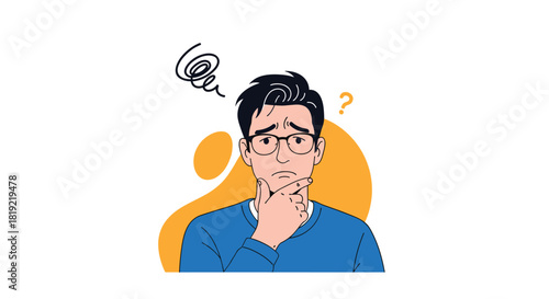 Confused man wearing glasses thinking hard with question marks and swirls above his head.