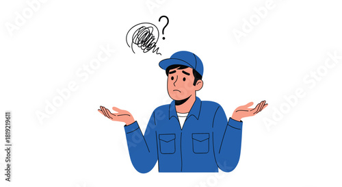 Confused man in blue uniform shrugging with a question mark above his head.