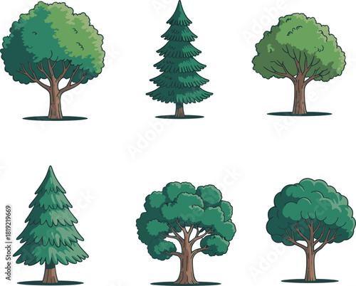 Cartoon tree illustration collection, green leafy forest trees, botanical nature design, outdoor foliage vector set for landscape elements graphics isolated