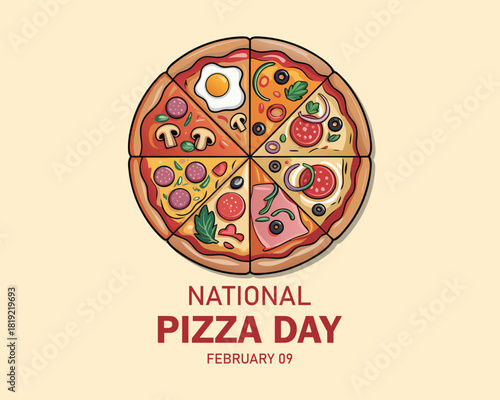 National Pizza Day vector. Different kinds of pizza slices vector. Whole pizza top view icon set. Pizza Day Poster, February 9.