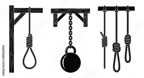 A series of hanging mechanisms depicted in a stark black and white illustration