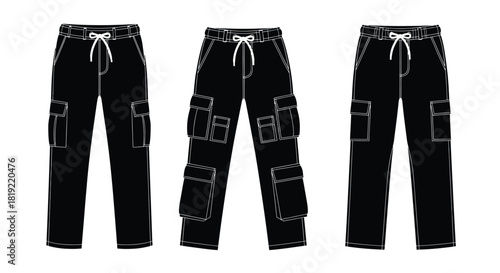 Three black cargo pants displayed in a fashion technical illustration style