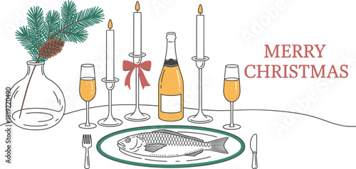 Merry Christmas Dinner Table Setting With Champagne