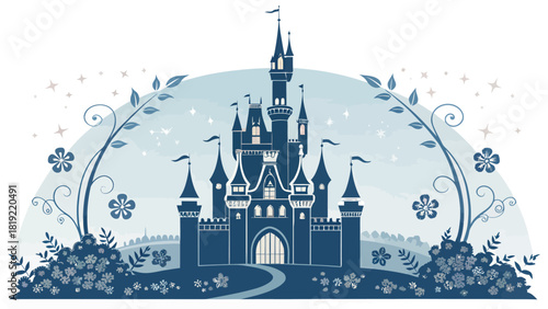 Enchanting castle with floral accents, ideal for fairy tale designs, wedding invitations, and magical storybooks, evoking wonder and dreams, originally a scalable vector