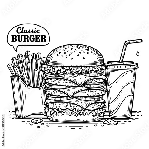A hand-drawn black and white illustration of a classic burger meal with french fries and a soda.