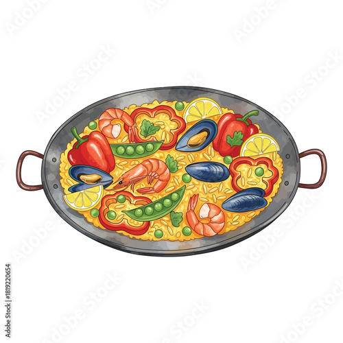 Delicious Paella Dish with Seafood and Vegetables.