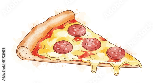 Delicious Pepperoni Pizza Slice with Melted Cheese Watercolor Illustration.
