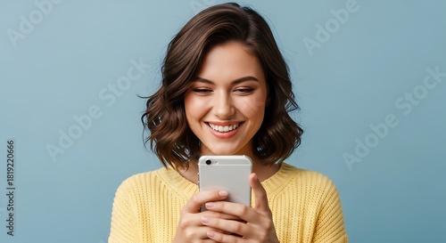 Smiling woman using smartphone, looking at phone screen with happy expression