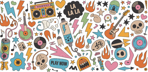 Retro Music and Doodle Elements Collection Keywords: retro, music, boombox, guitar, vinyl record