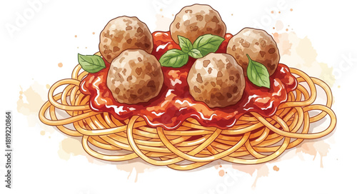 Delicious Spaghetti and Meatballs Dish with Fresh Basil Garnish.
