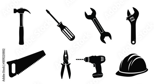 A collection of black silhouette tools including a hammer screwdriver and wrench