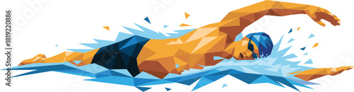 Dynamic low poly swimmer illustration, abstract geometric athlete in water, competitive freestyle swimming action artwork for sports fitness marketing design