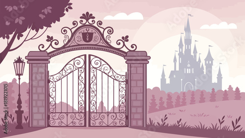 Enchanted fairy tale castle beyond ornate gate, perfect for fantasy book covers and magical themed designs, dreamy and whimsical illustration