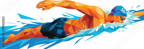 Dynamic low poly swimmer illustration, abstract geometric athlete in water, competitive swimming action artwork for sports marketing design themes promotion