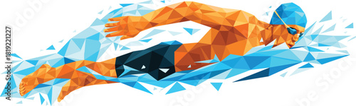 Dynamic low poly swimmer illustration, geometric athlete in water, abstract sports design, competitive swimming action artwork for fitness themes marketing