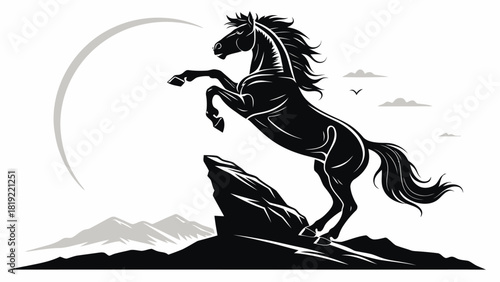 Majestic horse rearing powerfully on a mountain peak, a symbol of freedom, strength and wild spirit, perfect for branding, logos or inspirational designs