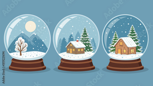 Charming winter snow globe collection with cozy cabins and scenic snowy landscapes, perfect holiday cheer