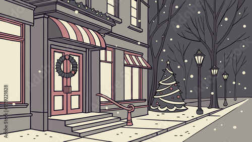 Illustration of a storefront decorated for christmas with a tree and falling snow at night time