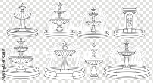Black and white fountains, classical garden design, tiered water features, decorative sculpture elements, urban planning assets, transparent background, line art illustration