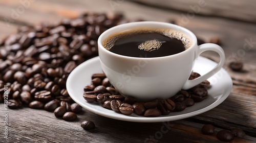 Enjoy a delicious cup of rich dark roast coffee with fresh roasted beans on rustic wood for a cozy morning boost