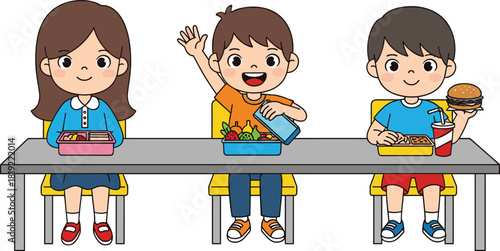 Kids eating lunch together in school cafeteria, healthy meals and fast food comparison, children cartoon illustration, education concept artwork