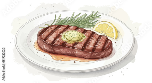 Grilled beef steak with melting butter and rosemary illustration.