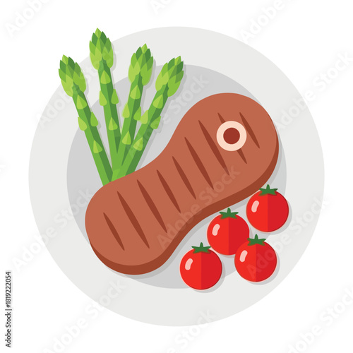 Grilled Steak with Asparagus and Tomatoes on a Plate.