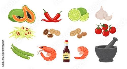 Ingredients for thai green papaya salad som tum on white background illustration art