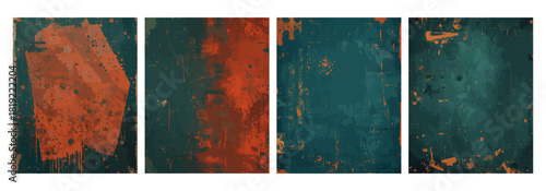 Abstract textured grunge background with distressed red and teal patterns