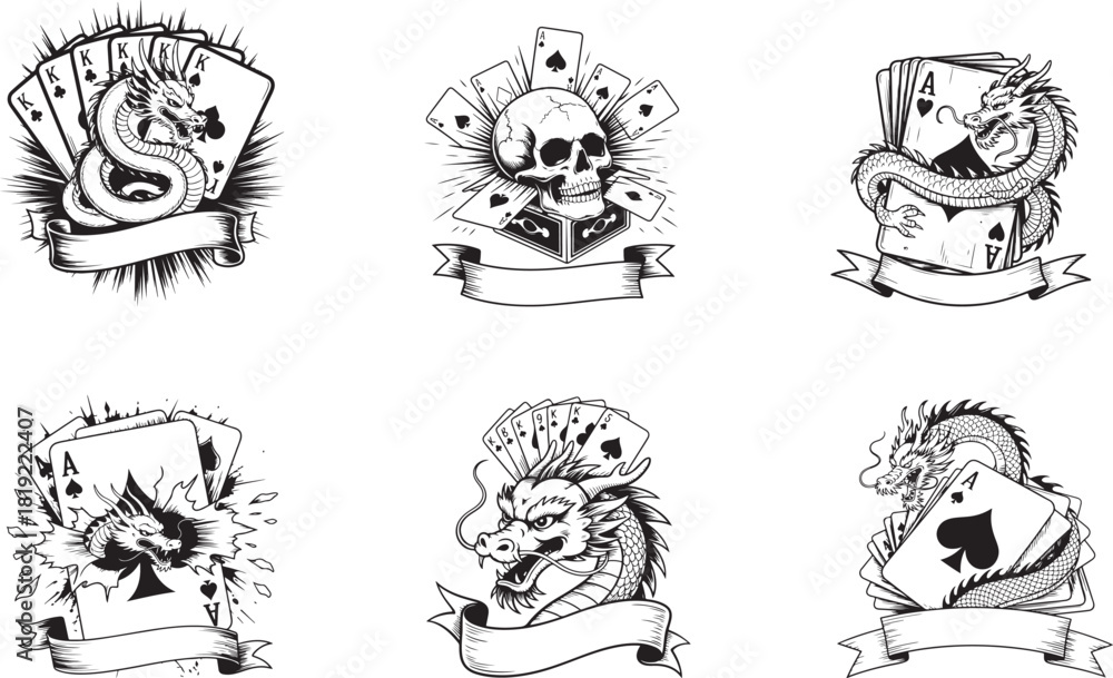 Fototapeta premium Collection of six monochrome dragon playing card and skull illustrations is presented on a white background
