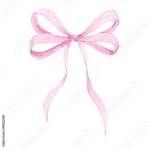 Watercolor illustration of a pink bow. Elegant hand-painted ribbon clipart perfect for wedding design, invitations, packaging, baby shower decor and feminine stationery.