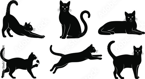 Black cat silhouettes in various poses, stretching, sitting, running, playing, elegant feline shapes for design, illustration, decoration, pet artwork resources