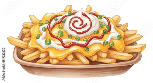 Loaded French Fries with Cheese Sour Cream and Ketchup.