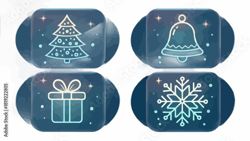 Festive winter icons: Christmas tree, jingle bell, gift box, snowflake for holiday cheer and cozy vibes