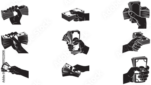 Hand holding stack of bills silhouette - cash payout and payment support icon for transactions, payroll and tipping