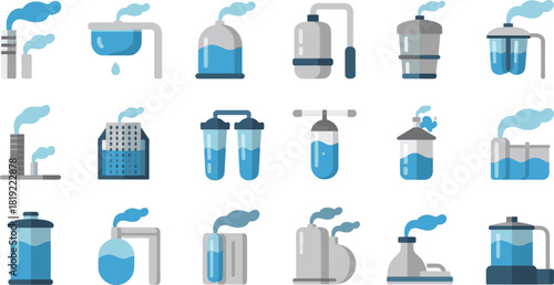 Flat industrial equipment icon set featuring factory buildings, distillation tanks, filtration units, chemical process vessels, water treatment components, modern industry symbols