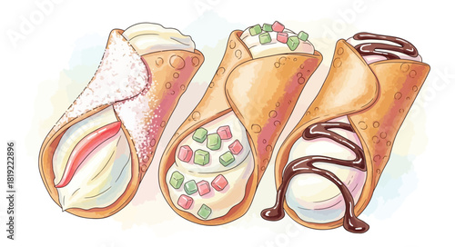 Three Delicious Cannoli Desserts with Various Toppings on White Background.