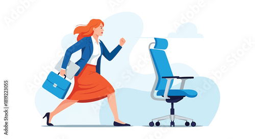 Ambitious Businesswoman Running Towards an Open Office Chair Symbolizing Career Advancement and Opportunity Illustration with Bright Colors and Dynamic Composition for Corporate Designs
