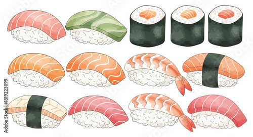 Watercolor illustration set of various Japanese sushi and rolls.