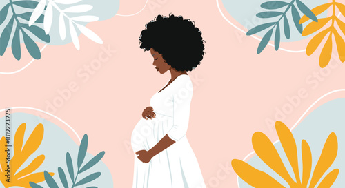 Beautiful pregnant woman in white dress with afro surrounded by foliage and abstract shapes embodying motherhood and the anticipation of new life artistic digital illustration