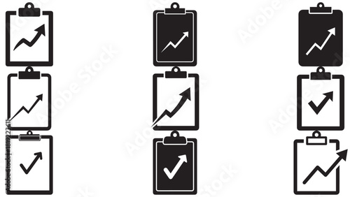 Minimal clipboard with upward trend tick - compact performance checklist icon for growth tracking, kpi verification and progress reporting