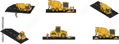 Road construction vehicles illustration, cement mixer trucks and workers, asphalt paving equipment, infrastructure maintenance graphic for engineering design