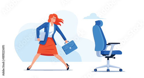 Businesswoman Leaving Job with Briefcase and Laptop Running Away from Empty Office Chair Depicting Career Change Opportunity and New Beginnings