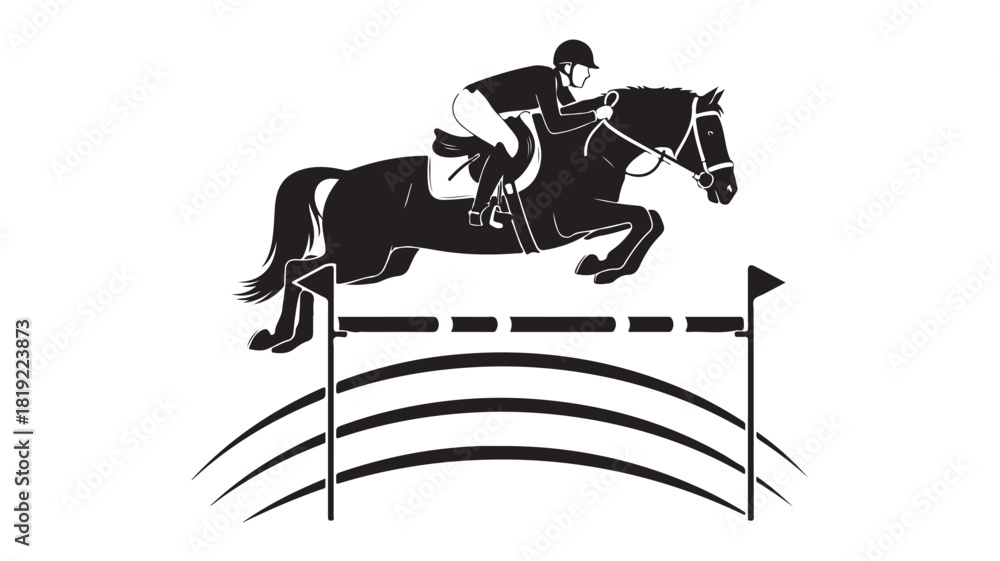 Fototapeta premium Dynamic equestrian sport scene showcasing a horse and rider skillfully jumping over an obstacle in a competitive show, perfect for sports enthusiasts and event promotions