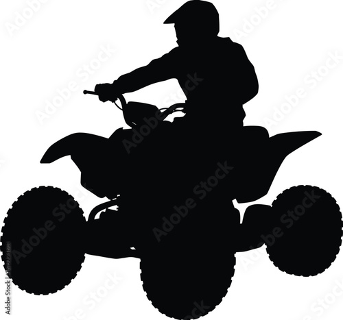 Silhouette ATV rider jumping off-road, extreme quad bike action, motorsport adventure graphic for outdoor sports design and marketing use