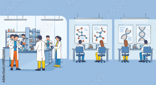 Busy research laboratory filled with scientists conducting experiments and analyzing data with molecular and DNA structures in the background showcasing scientific progress and innovation
