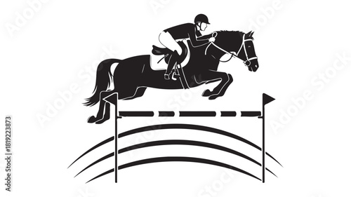 Dynamic equestrian sport scene showcasing a horse and rider skillfully jumping over an obstacle in a competitive show, perfect for sports enthusiasts and event promotions
