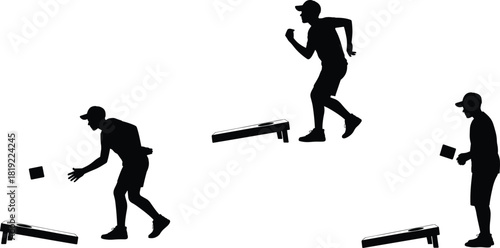 Silhouette cornhole players throwing bean bags, outdoor backyard game activity, sports recreation illustration, competitive tossing game set