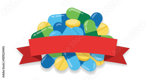 Pile of colorful medical capsule and tablet pills with banner